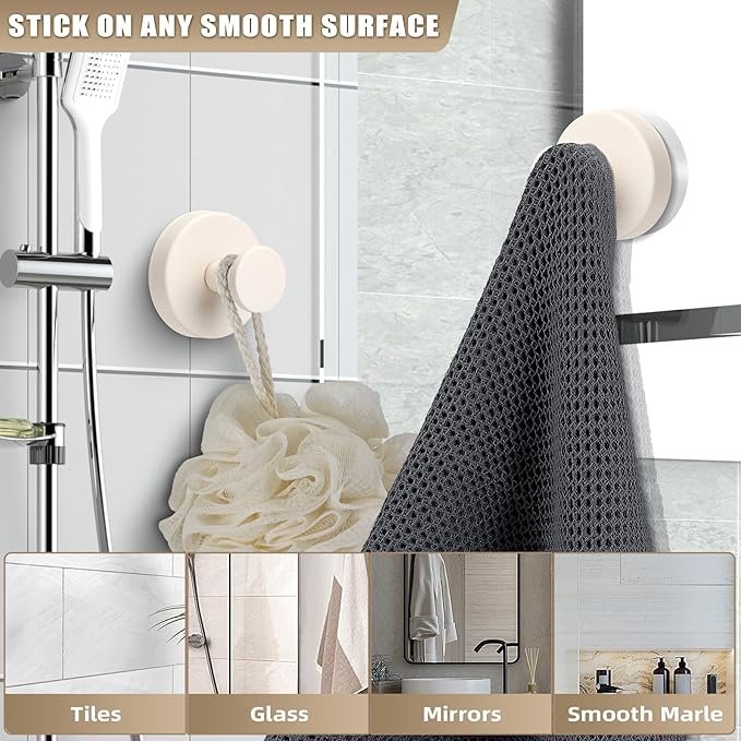 Fenas Suction Cup Hooks for Shower No-Drill Bathroom Hooks for Towels, Robes, Loofah Mountable on Bathroom Walls, Kitchen, Glass, Mirrors, Tile and Smooth,Non-Porous Surfaces (2, Milk White)