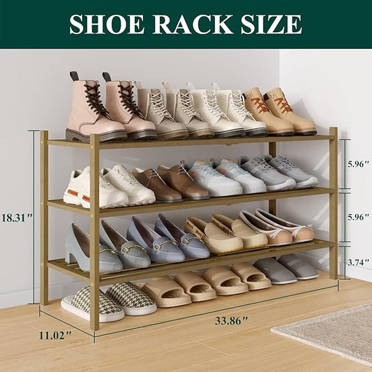Smiry Long Bamboo Shoe Rack 3-Tier, Stackable Wooden Shoe Organizer for Entryway & Closet, Free Standing Wood Shoe Storage Shelf for Front Door & Small Spaces, Walnut