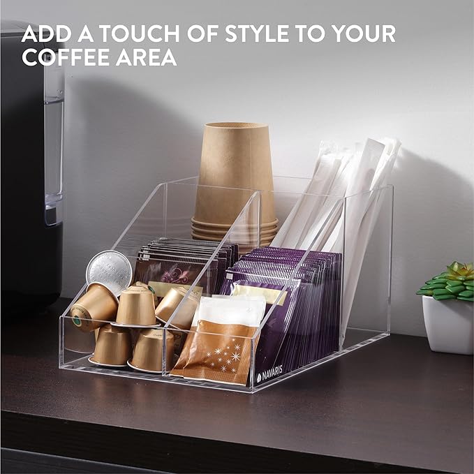 Navaris 4 Compartment Coffee Organiser - Sugar, Creamer, Tea Supplies - Office & Kitchen Countertop Organisation