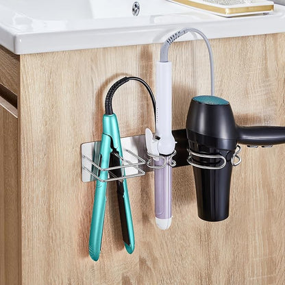 Oukimly Blow Dryer Holder Wall Mounted Curling Iron Holder, 3 in 1 Hair Tool Organizer for Straightener, Curling Iron, Hair Dryer Holder Adhesive Flat Irons Storage for Bathroom Barber Shop (Silver)
