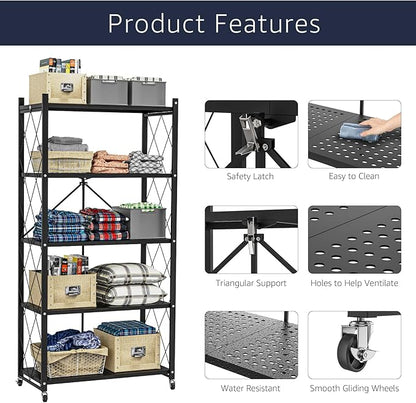 Lifetime Home 5-Tier Foldable Storage Shelf with Wheels - Metal Collapsible Shelving Unit Display, Rolling Cart for Books Kitchen Storage Shelves, Pantry & Closet Organizer, Office Room Decor - Black