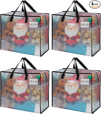 VENO 4 Pack Moving Bags, Christmas Storage Containers, Storage Totes, Zipper On Top, Sturdy, Storage Bags for Camping, Clothes, Bedding, Comforters, Pillows (13 Gallon Clear, 4 Pack)