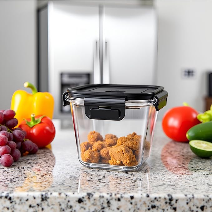 H.JSS WDJS 4 Cup Square Borosilicate Glass Food Storage Containers, 32oz Tall Glass Soup Containers with Lids, Large Square Meal Prep Bowl for Food, Salad, Lunch, Deli, Microwave, Freezer Saf (4Pack)