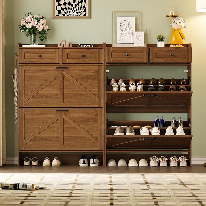 Shoe Storage Cabinet for Entryway, Farmhouse Narrow Shoe Cabinet with 2 Flip Drawers & Top Drawers, Adjustable Shelves & Hooks, Freestanding Hidden Rack Organizer for Hallway, Foyer