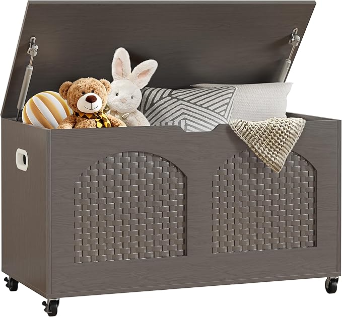 Storage Chest, Rattan-Style Toy Storage Bench with Lid and Wheels, Square Storage Trunk for Entryway, Bedroom, Living Room(Gray)