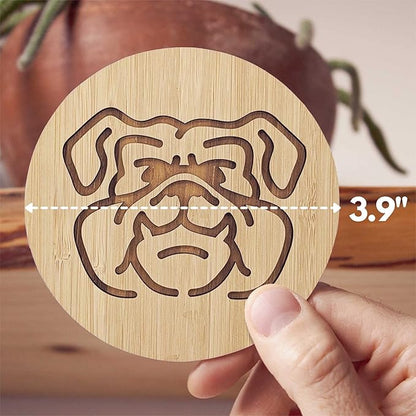 Set of 6 Bamboo Laser-Engraved Fun Dog Coasters with Iron Holder - Gift Packaging 3.9 Inch Non-Stick Absorbent Durable and Unbreakable Wooden Cup Coasters for Dog Lovers (Bulldog)