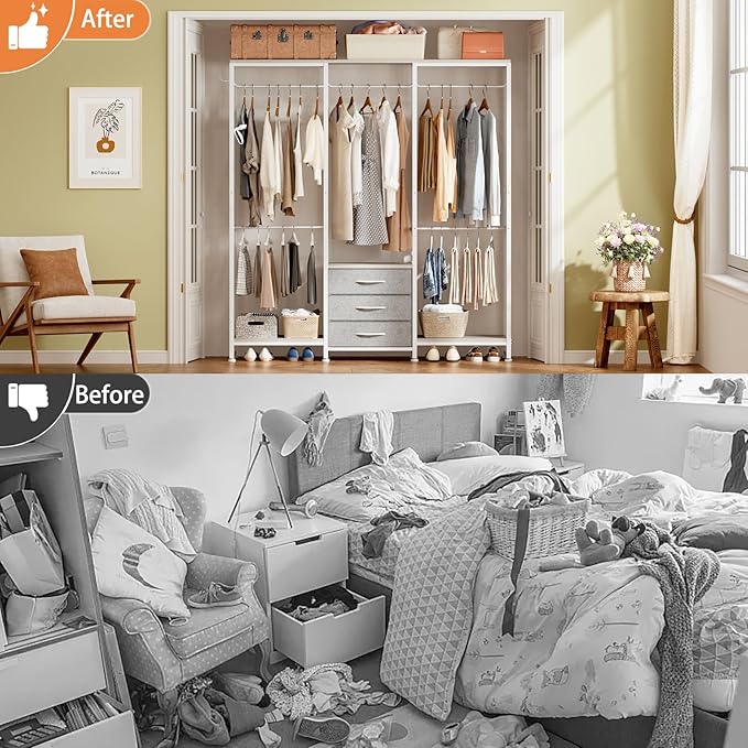 Garment Rack Heavy Duty Clothes Rack for Hanging Clothes, Freestanding Clothing Rack with 3 Fabric Drawers, Adjustable Closet Racks, Corner L Shaped Closet System Organizers, Gray & Light Wood Grain
