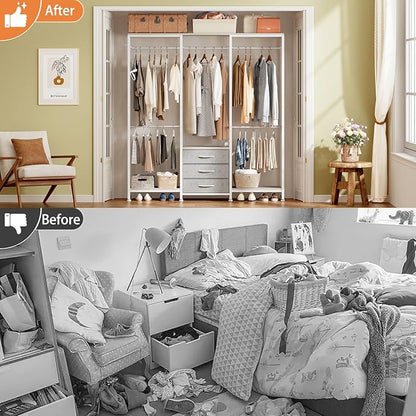 Garment Rack Heavy Duty Clothes Rack for Hanging Clothes, Freestanding Clothing Rack with 3 Fabric Drawers, Adjustable Closet Racks, Corner L Shaped Closet System Organizers, Gray & Light Wood Grain