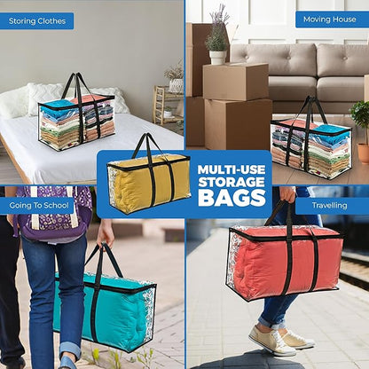 VitalUp 4 Pack Clear Large Moving Bags, Heavy Duty Storage Bags, College Totes, Storage Bins, for Organizing Blankets, Clothing for College, Dorm, Packing, Durable with Zipper and Handle 25x14x12