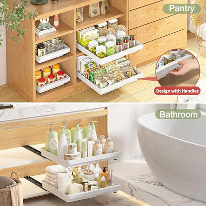 DOMNIU 2 Pack Pull Out Cabinet Organizers Expandable, Plastic Slide Out Drawers for Kitchen, Bathroom, Pantry, Under Sink Storage, Pull Out Drawers Fixed with Adhesive Nano Film (White, 11.6''-17.5'')