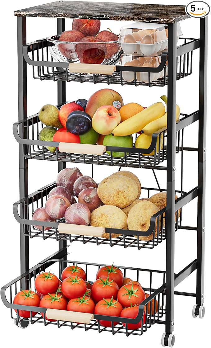JAQ Fruit Basket for Kitchen, 5-Tier Slide Out Storage Baskets Carts Organizers Drawers with Wood Top Table with Rolling Wheels for Snacks Vegetables Vianderos para Cocina Modernos (Black, 5 Layer)