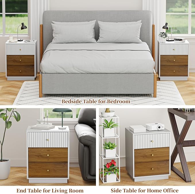 23.6" Tall Night Stand with 3 Storage Drawers, Fluted Nightstand with Metal Handles, Modern End Table Bedside Table Chest for Bedroom, White and Natural