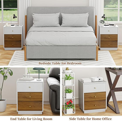 23.6" Tall Night Stand with 3 Storage Drawers, Fluted Nightstand with Metal Handles, Modern End Table Bedside Table Chest for Bedroom, White and Natural
