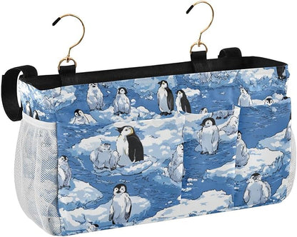 CuwrYet Bedside Caddy Hanging Bunk Bed Caddy Bed Organizer Hanging Pocket with 2 Hooks Bedside Storage Organizer Pocket Bag Holder Blue Penguins Ice Floes Snow Water