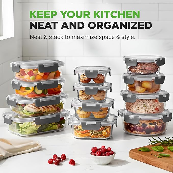Superior Glass Food Storage Containers - 24-Piece Stackable Glass Meal-prep Containers w/Newly Innovated Hinged BPA-Free 100% Leakproof Locking Lids - Freezer-to-Oven-Safe - NutriChef NCGLGY (Gray)