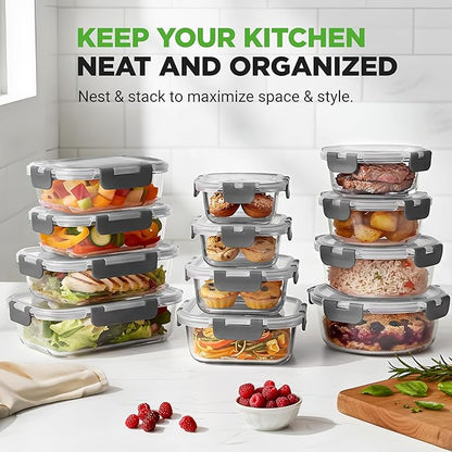 Superior Glass Food Storage Containers - 24-Piece Stackable Glass Meal-prep Containers w/Newly Innovated Hinged BPA-Free 100% Leakproof Locking Lids - Freezer-to-Oven-Safe - NutriChef NCGLGY (Gray)