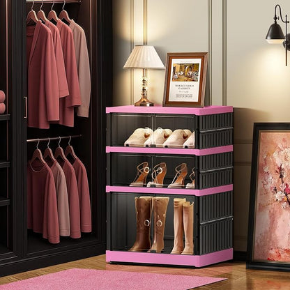 CIMLORD 3-Tier Foldable Shoe Rack Organizer for Closet,6 Pairs Collapsible Plastic Shoe Shelf,Clear Stackable Shoe Storage Boxes with Door Easy Assembly,Shoe Cabinet with Lids Large（Black-Pink）
