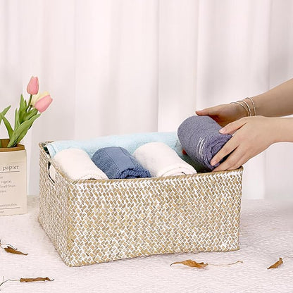 Hipiwe Seagrass Storage Basket Bin Rectangular Handwoven Wicker Storage Box with Handle Opened Baskets Box for Shelf Organizing Closet Bathroom, 15.7" L x 11.8" W x 7.5" H