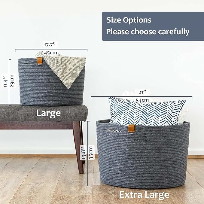 DENJA & CO Extra Large Blanket Basket for Living Room - Decorative Woven Baskets for Storage | Cotton Rope Large Baskets for Blankets, Pillows, Toys, or Laundry | Charcoal Gray (21" x 13.8")