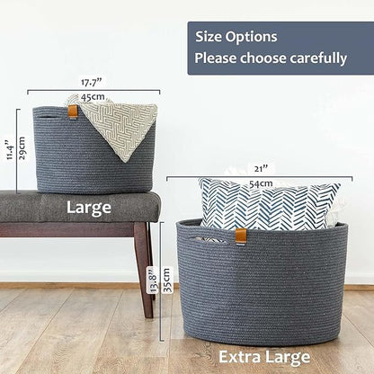 DENJA & CO Extra Large Blanket Basket for Living Room - Decorative Woven Baskets for Storage | Cotton Rope Large Baskets for Blankets, Pillows, Toys, or Laundry | Charcoal Gray (21" x 13.8")