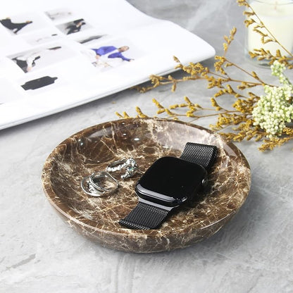 Small Natural Marble Jewelry Tray Key Plate Holder Dish Trinket Decor Catch All Bowl for Ring Earring Stone Gift for Women Daugther,Dark Brown