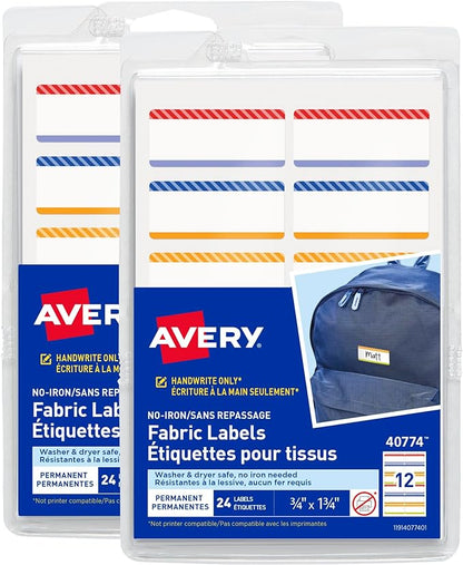 Avery No-Iron Fabric Name Labels, Playful Stripes Preprinted Designs, Handwrite-Only, 2-Pack, 48 Preprinted Labels (21959)