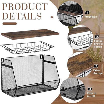 2 Pcs Stackable Fruit Basket with Lid for Kitchen Counter Storage Basket with Drawer Mesh Wall Hanging Wire Baskets with Lid Metal Vegetable Container for Kitchen 13.8 x 8.3 x 9.8''(Black)