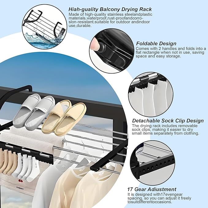 Portable Clothes Drying Rack for Balcony Railings Windowsill, Folding Towel Rack Indoor Outdoor Retractable Laundry Rack with Sock Clips for Drying Socks (Large)