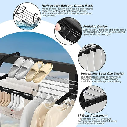 Portable Clothes Drying Rack for Balcony Railings Windowsill, Folding Towel Rack Indoor Outdoor Retractable Laundry Rack with Sock Clips for Drying Socks (Large)