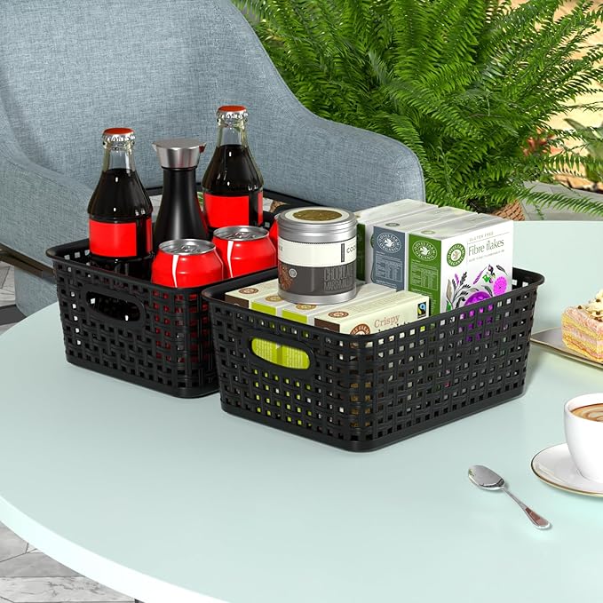 Plastic Shelf Storage Baskets, Plastic Pantry Weave Basket, Black, 12 Packs