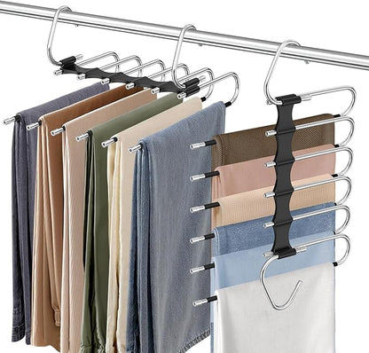Besslly Upgrade 6 Layers Pants Hangers Space Saving, 2 Pack Stainless Steel Multifunctional Rack Non Slip S-Type Pant Closet Organizer Saver for Leggings Jeans Trousers Scarf, Black