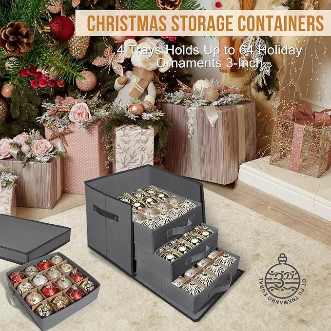 WDZREE Premium Large Christmas Ornament Storage,Box with Side Open, Drawer Style Trays - 3" Compartment, 4 Trays, Keeps 64 Holiday Ornaments -Made of Durable 600D Oxford Fabric Tear-Proof Material