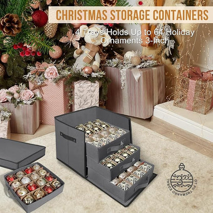 WDZREE Premium Large Christmas Ornament Storage,Box with Side Open, Drawer Style Trays - 3" Compartment, 4 Trays, Keeps 64 Holiday Ornaments -Made of Durable 600D Oxford Fabric Tear-Proof Material