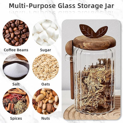 Koythin Food Storage Containers with Wooden Lids and Scoops, Ribbed Glass Jars with Airtight Lids, Bath Salt Container with Scoop, Kitchen Canisters for Coffee, Sugar, Spice (Vertical Stripe, 27 oz)