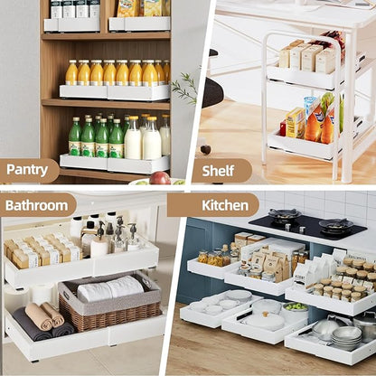 2 Pack Expandable Pull Out Cabinet Organizer, Width (12"-19" ) & Depth (16.5"-22")No Drill Adjustable Cabinet Pull Out Shelves for Kitchen,Pantry, Adhesive Roll Out Shelves for Kitchen Cabinets-White