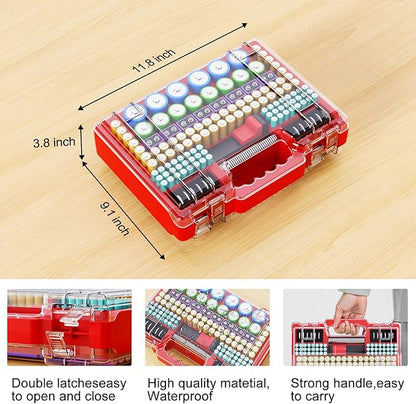 Battery Organizer Storage Holder Box Case with Tester, Ultra-Large 262+ Batteries Container with Double-Sided, Holds AA AAA 4A 23A C D Cell 9V 3V Lithium 4LR44 CR3 CR123A 18650 (Red)