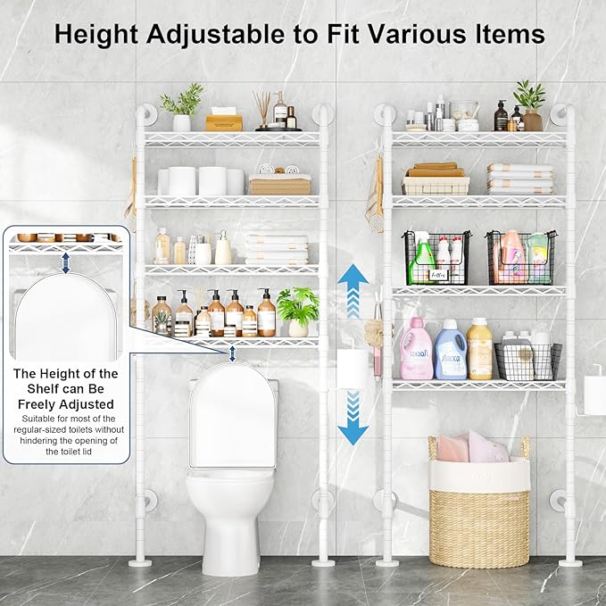 Roxibelt K3 Wall Mounted 4-Tier Over the Toilet Storage，Metal Above Toilet Storage with Paper Hook，Over Toilet Bathroom Organizer with Adjustable Shelf，Above Toilet Rack 9.7"D x 25.6"W x 74.3"H，White