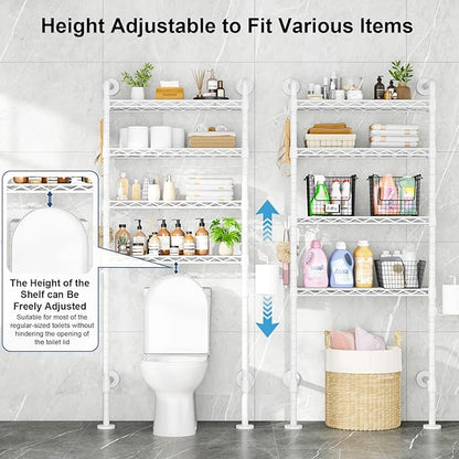 Roxibelt K3 Wall Mounted 4-Tier Over the Toilet Storage，Metal Above Toilet Storage with Paper Hook，Over Toilet Bathroom Organizer with Adjustable Shelf，Above Toilet Rack 9.7"D x 25.6"W x 74.3"H，White