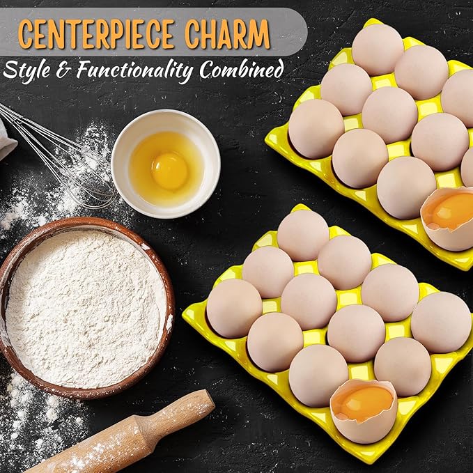 Flexzion 12 Cups Ceramic Egg Holder for Fridge - Dozen Ceramic Egg Tray Porcelain Container Storage Organizer Decorative Serving Stand Serveware for Refrigerator Countertop Display (Yellow, 2 Pack)