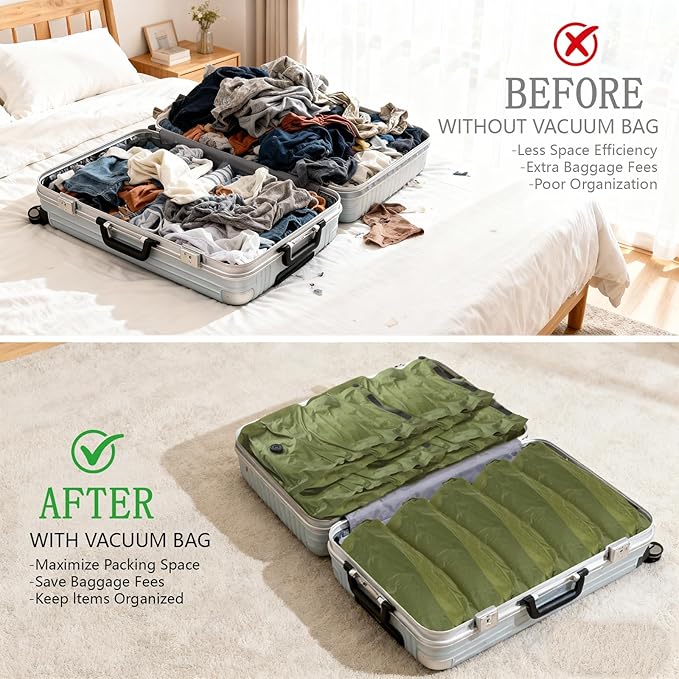 Reusable Fabric Vacuum Seal Bags for Clothing – Large Compression Travel Essentials with No Pump – Manual Exhaust, Tear-Resistant Oxford Cloth for Luggage, Closet & Organization (Military Green-2L)