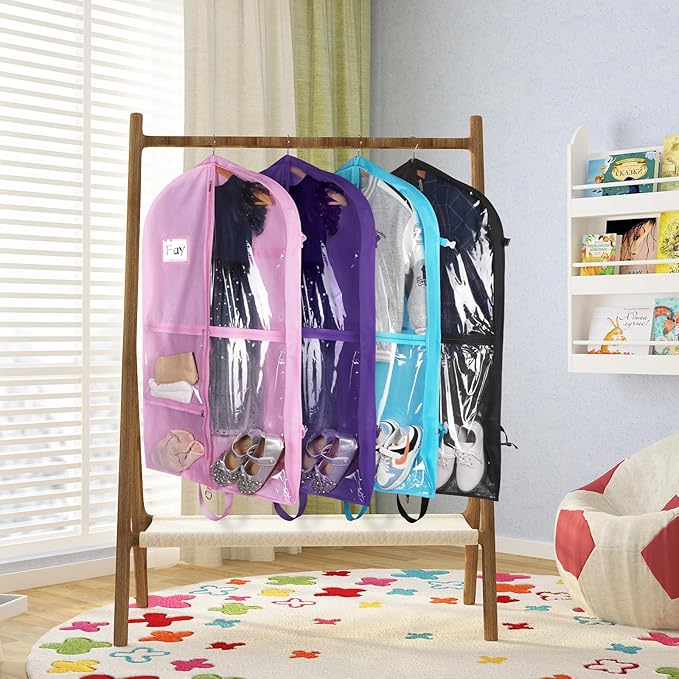 Zilink 40" Dance Costume Garment Bag Clear Dance Costume Bag for Hanging Storage with 5 Clear Zipper Pockets Stable Buckles and Carry Handles for Dance Competition Closet Storage, Pink