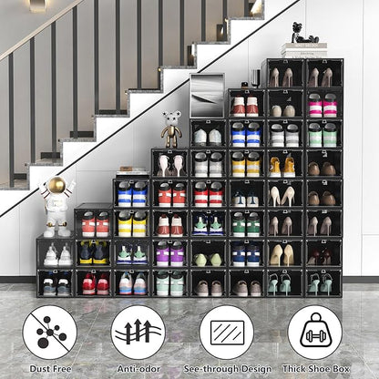 MCIJRJOI 12 Pack Hard Sturdy Thickened Rigid XX Large Shoe Storage Organizer for Closet, Clear Stackable Sneaker Shoe Boxes Rack Containers Display Case Bins with Lids, Black03