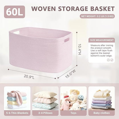 60L Small Baby Girls Laundry Basket for Nursery Storage,Cute Woven cotton Rope Baskets for Kids Toy，Gifts, Boho Square Wicker Blanket hamper for Living Room,Bedroom Dirty Clothes,Pink