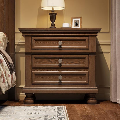 AMERLIFE Fully Assembled Nightstand, Solid Wood End Table with 2 Storage Drawers, 26" Extra Large Traditional Bedside Cabinet for Bedroom, Light Brown