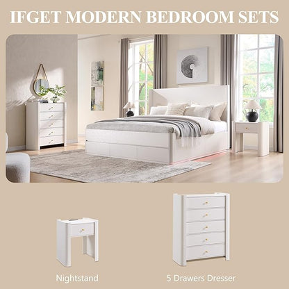 IFGET 23.6" Tall Modern Nightstand Set of 2, 22" Wide Curved Bedside Table with Charging Station, Wooden Night Stand with 1 Storage Drawer, Large End Table for Bedroom, Living Room, White