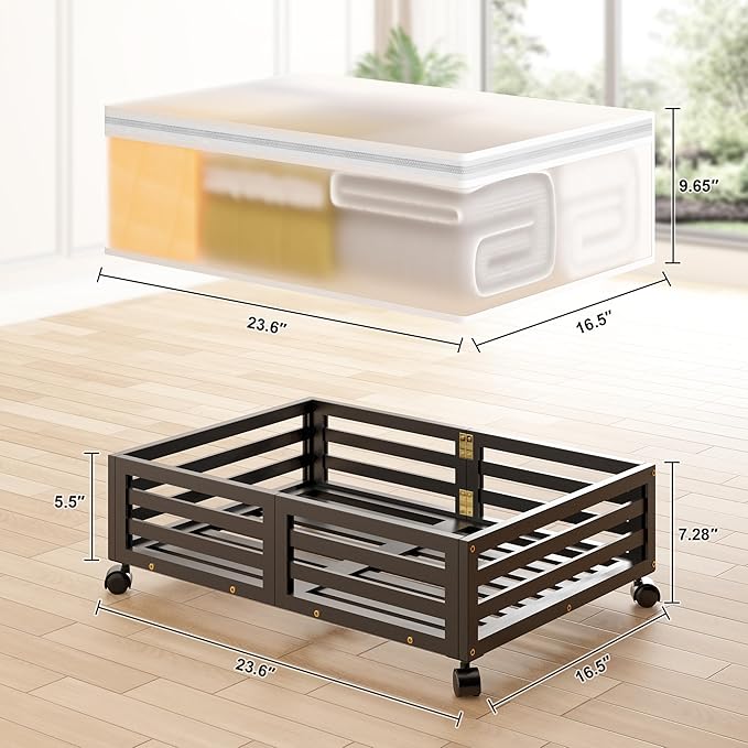 Wisuce Home Under Bed Storage Containers With Wheels - 2 Pcs Bamboo Wood Rolling Underbed Shoe Storage Bins With Dust Bags for Clothes Blankets, Duvet Covers Snacks Toys (Black)