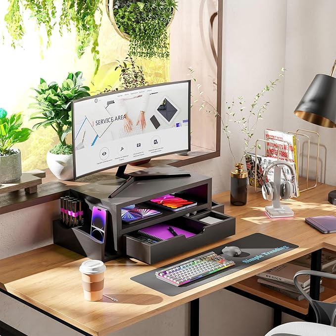 Simple Trending Monitor Stand Riser and Computer Wood Desk Organizer with Drawer and Pen Holder for Laptop, Computer, iMac, Black
