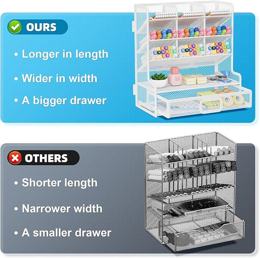 Marbrasse Larger Mesh Desk Organizer with Drawer, Multi-Functional Pen Pencil Holder, Easy Assembly, Desk Organizers and Accessories for Office Art Supplies (White)
