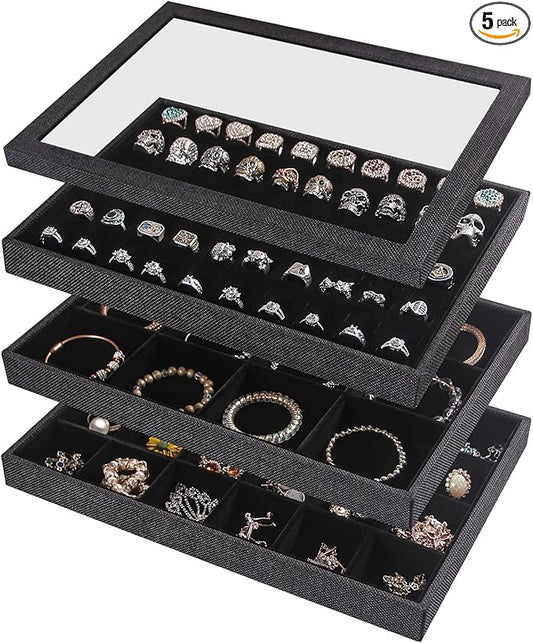 Julysky 4 Pcs/set Stackable Jewelry Organizer Trays with Glass Lid,100 Slots Ring Holder,Bracelet Displays Stand for Selling Necklace Earring Rack