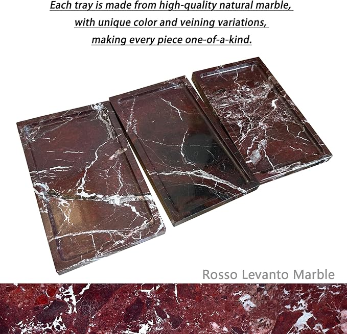 OAIQNUJ Natural Red Marble Vanity Tray, 9.8"x5.9" Genuine Marble Tray for Bathroom/Kitchen/Dresser (Rosso Levanto)